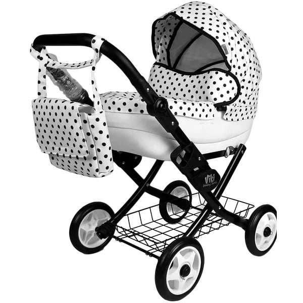 Nestor Dolls Baby stroller Viki - white, black polka dots