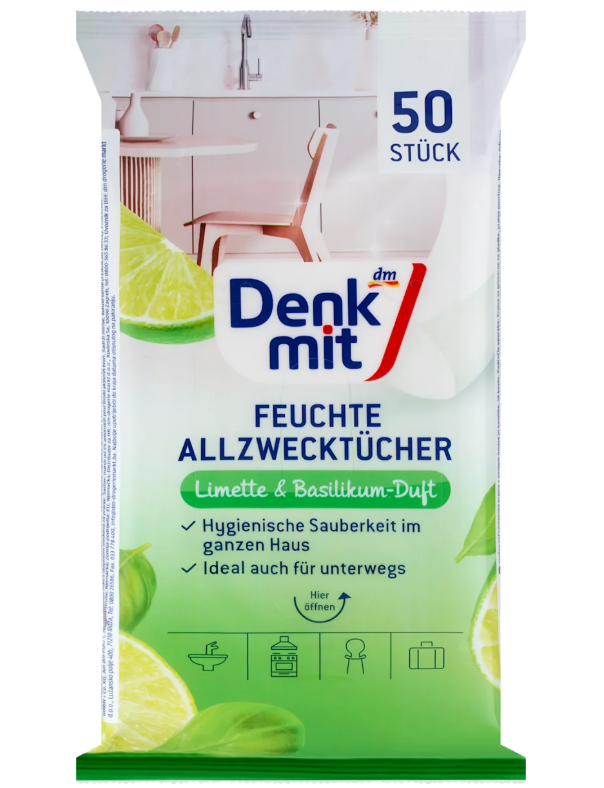 Denkmit universal wet wipes with lime & basil scent, 50 pcs