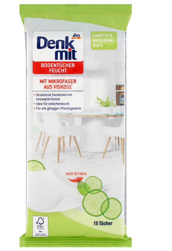 Denkmit Wet floor cloths with lime and basil scent, 15 pcs