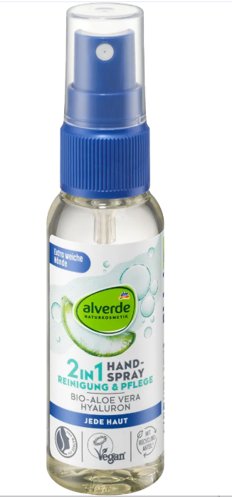 alverde NATURKOSMETIK 2-in-1 hygienic hand spray with hyaluronic acid and aloe vera, 50 ml