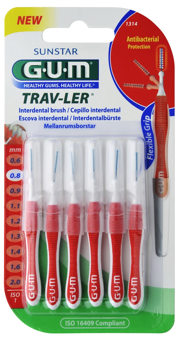 GUM TRAV-LER interdental brush with chlorhexidine, cylindrical, 0.8 mm, 6 pcs