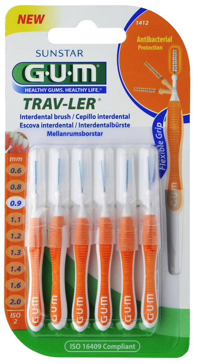 GUM TRAV-LER interdental brush with chlorhexidine, cylindrical, 0.9 mm, 6 pcs