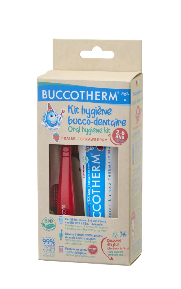 BUCCOTHERM BIO organic Eco-friendly dental set for kids 2-6 years, strawberry flavor, Red Color