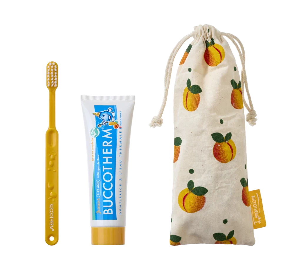 BUCCOTHERM BIO organic Eco-friendly dental set for kids 7-12 years, Iced Tea flavor, Yellow Color